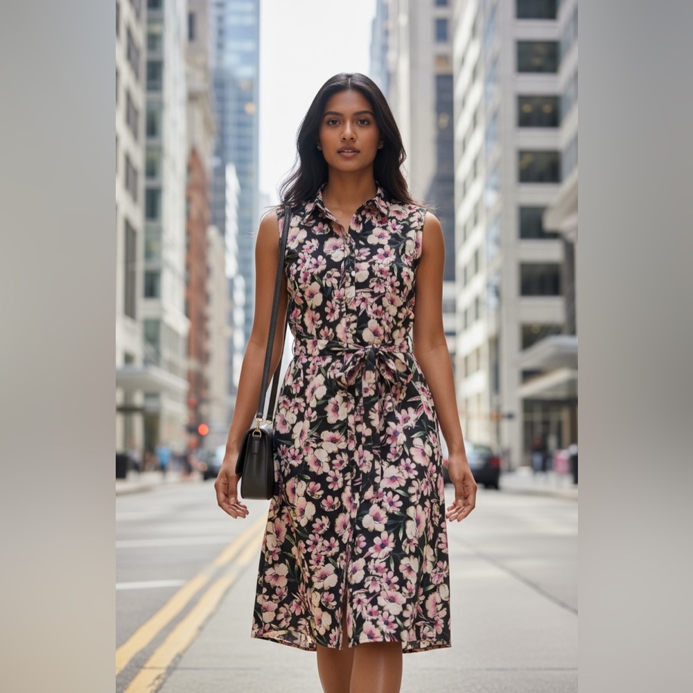 Tommy Hilfiger Black and Pink Floral Midi Dress